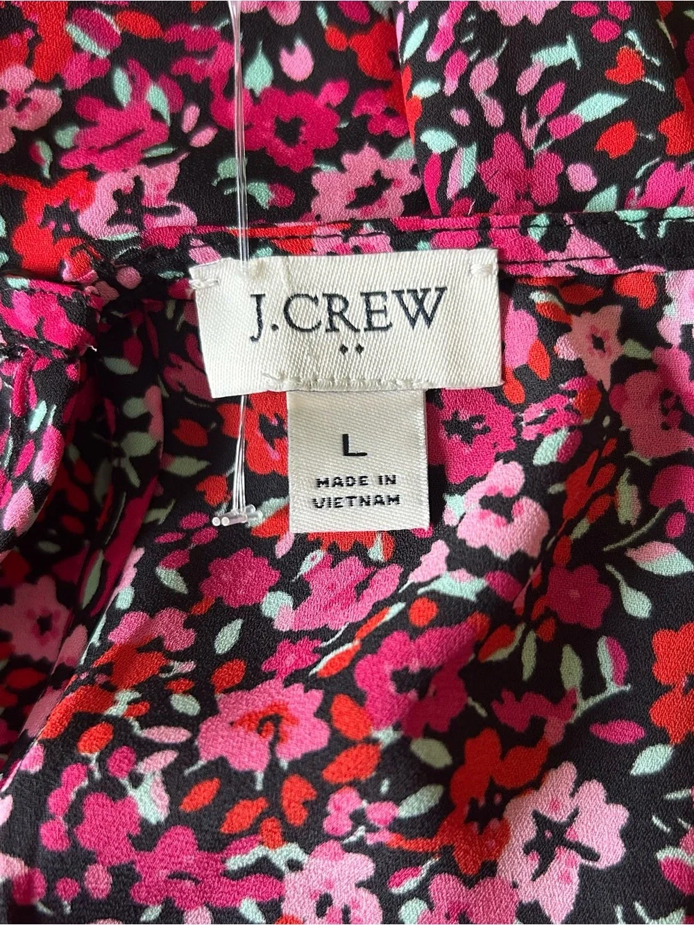 J CREW Factory Women L Pink Red Floral Flowers on Black Long Sleeve Blouse Top.